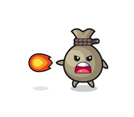 cute money sack mascot is shooting fire power