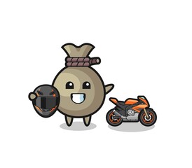 cute money sack cartoon as a motorcycle racer