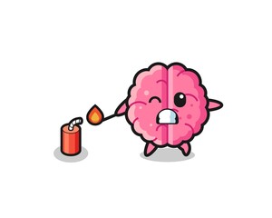 brain mascot illustration playing firecracker