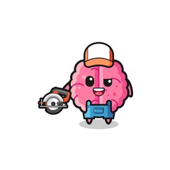 the woodworker brain mascot holding a circular saw