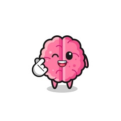 brain character doing Korean finger heart