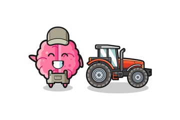 the brain farmer mascot standing beside a tractor