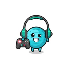 exercise ball gamer mascot holding a game controller