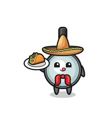 magnifying glass Mexican chef mascot holding a taco