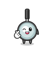 magnifying glass character doing Korean finger heart