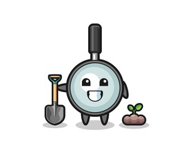 cute magnifying glass cartoon is planting a tree seed