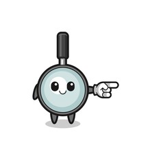 magnifying glass mascot with pointing right gesture