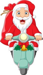 Cartoon santa claus riding a motor scooter with red sack