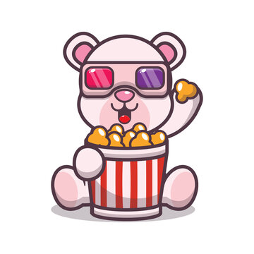 Cute polar bear eating popcorn and watch 3d movie. Cute cartoon animal illustration.