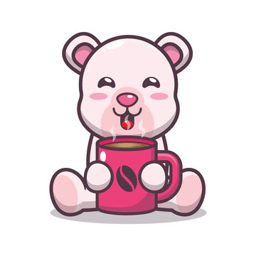 Cute polar bear with hot coffee. Cute cartoon animal illustration.