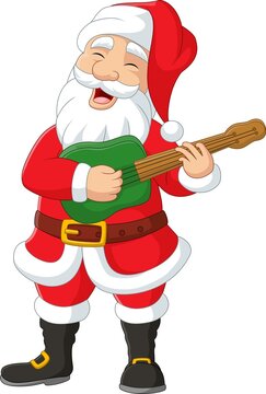 Cartoon happy santa claus playing guitar