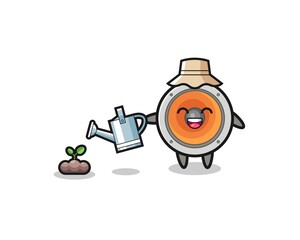 cute loudspeaker is watering plant seeds