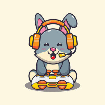Cute rabbit gamer. Cute cartoon animal illustration.