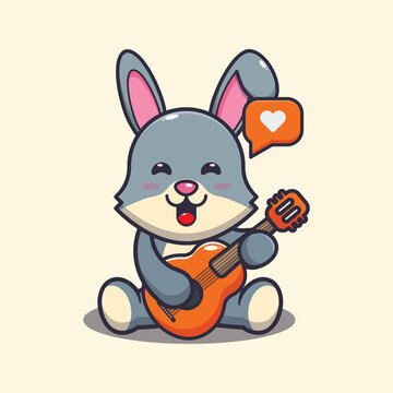 Cute rabbit playing guitar. Cute cartoon animal illustration.