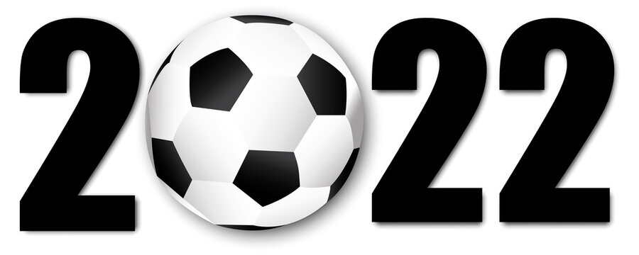 Inscription 2022 with soccer ball. Sport concept. Banner design. Logo art. Flat style. Vector illustration. Stock image. 