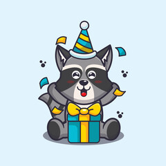 Cute raccoon in birthday party. Cute cartoon animal illustration.