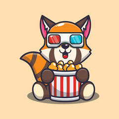 Cute red panda eating popcorn and watch 3d movie. Cute cartoon animal illustration. © Artprodite
