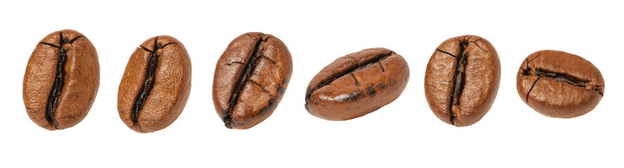 Brown roasted coffee beans isolated on a white background.