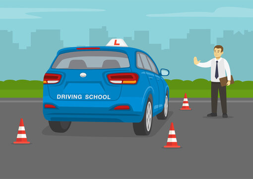 Car driving practice test with red cones. Student driver driving a blue suv car. Back view. Instructor makes a stop gesture with his hand. Flat vector illustration template.