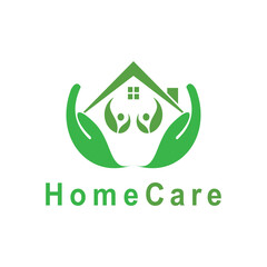 Homecare medical Logo. health care logo. Home care logo design with two person hands made form of house with green color