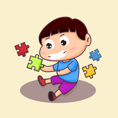 Cute little boy playing jigsaw puzzle. Sit playing. Holding a colorful puzzle, Cartoon vector illustration