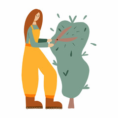 Vector illustration of a girl cutting a bush. The woman cuts the bush with scissors. Gardening concept.