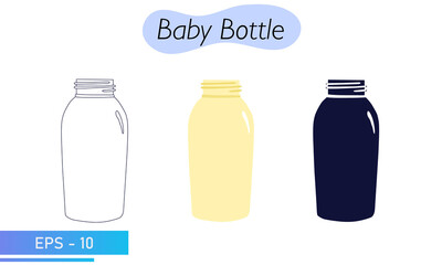 Baby bottle with a pacifier. In color, lines and solid fill. Feeding a newborn baby with a mixture or milk. Child care items. Icons. Vector illustration.