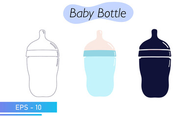 Baby bottle with a pacifier. In color, lines and solid fill. Feeding a newborn baby with a mixture or milk. Child care items. Icons. Vector illustration.