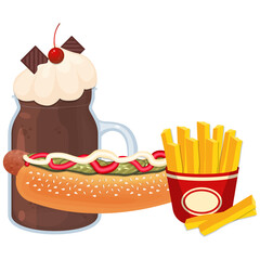 Fast food illustration of hot dog with french fries and milkshake concept vector