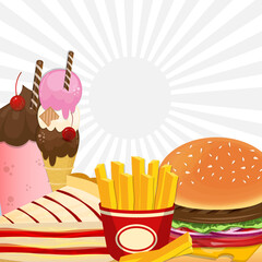 Fast food burger and cake with french fries illustration vector