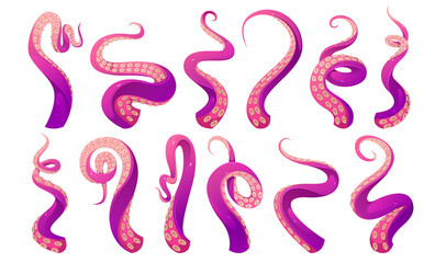 Tentacles of octopus, squid or kraken. Vector cartoon set of scary sea monster arms, purple and pink giant octopus tentacles with suckers. Cthulhu hands and legs isolated on white background