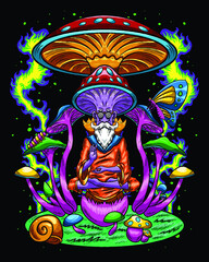 Psychedelic mushroom wise meditation illustration