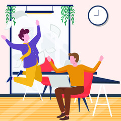 continuous line drawing of a man is very happy and happy after successfully completing his work. Vector colorful illustration. Continuous line draw fun and happy at work.