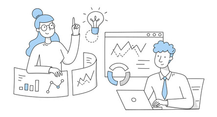 People work in office. Concept of business idea, teamwork and brainstorm. Vector doodle illustration of man with laptop and woman on meeting, diagram, charts and light bulb © klyaksun