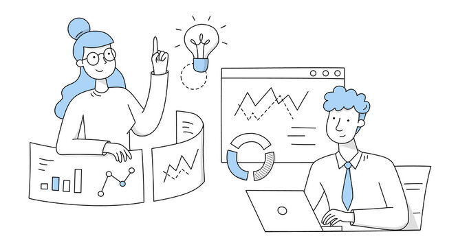 People work in office. Concept of business idea, teamwork and brainstorm. Vector doodle illustration of man with laptop and woman on meeting, diagram, charts and light bulb