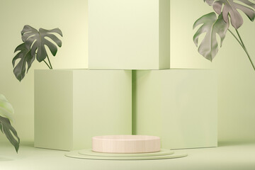 Obraz na płótnie Canvas Minimal scene with wooden product display podium with nature leaves. Pastel green and white colors scene. Trendy 3d render for social media banners, promotion, cosmetic. Geometric shapes interior. 