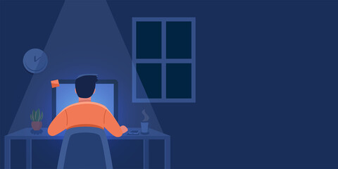 Back view of the young man working on computer late night at home. Vector