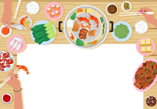 Top view of people eating Thai style BBQ, Vector Illustration