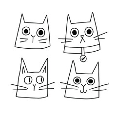 Cute cats raster outline set Simple children Doodle style silly funny faces Domestic black cat