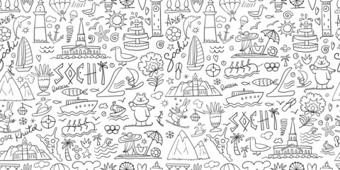 Travel to Sochi, Russian City on Black Sea. Tourism Concept. Seamless Pattern Background for your design
