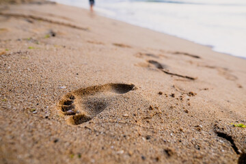 Shallow depth of field (selective focus) details with footprints in the beach sand on a calm and warm summer day at the Black Sea in the Obzor resort in Bulgaria.