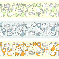 Seamless borders. Baby and newborn. Newborn, Toys, feeding bottle.