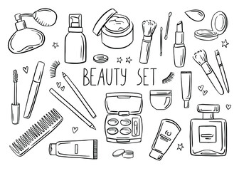 Makeup beauty doodle sketch outline set Simple fashion style