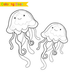 Coloring sea animals worksheet page. Educational printable coloring worksheet. Coloring game for preschool children. Black and white vector illustration. Motor skills education.