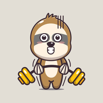 Cute sloth lifting barbell. Cute cartoon animal illustration.