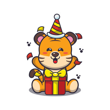 Cute tiger in birthday party. Cute cartoon animal illustration.