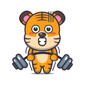 Cute tiger lifting barbell. Cute cartoon animal illustration.