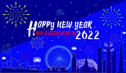  A Happy New Year background, Many world landmarks and stars shining at night.