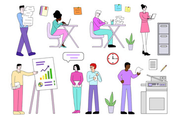 Office workers doing a variety of jobs. Isolated on a white background in a flat, cartoon style. Vector illustration of office employees for blogs, websites, mobile applications, promotional materials