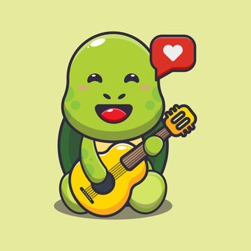 Cute turtle playing guitar. Cute cartoon animal illustration.